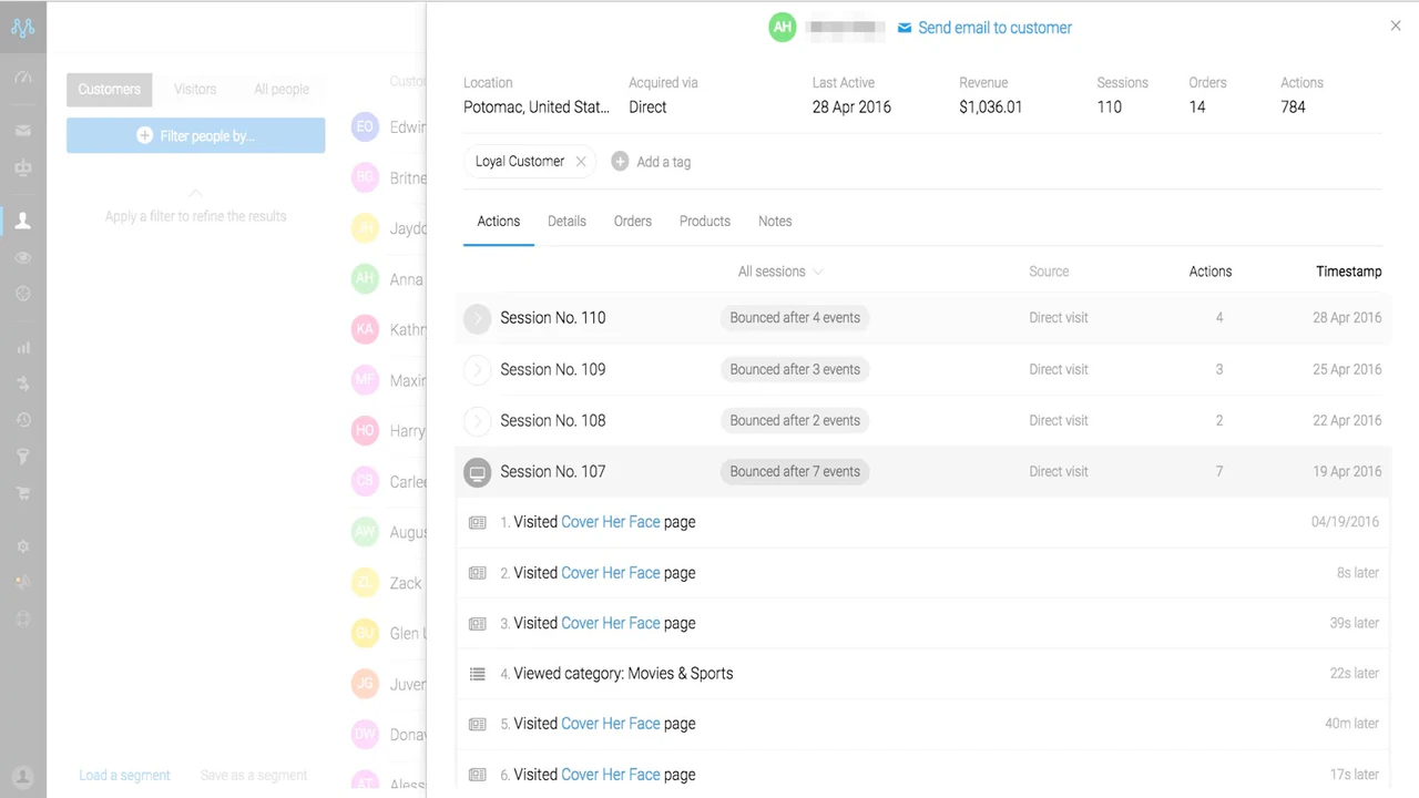 Customer profiles in Metrilo