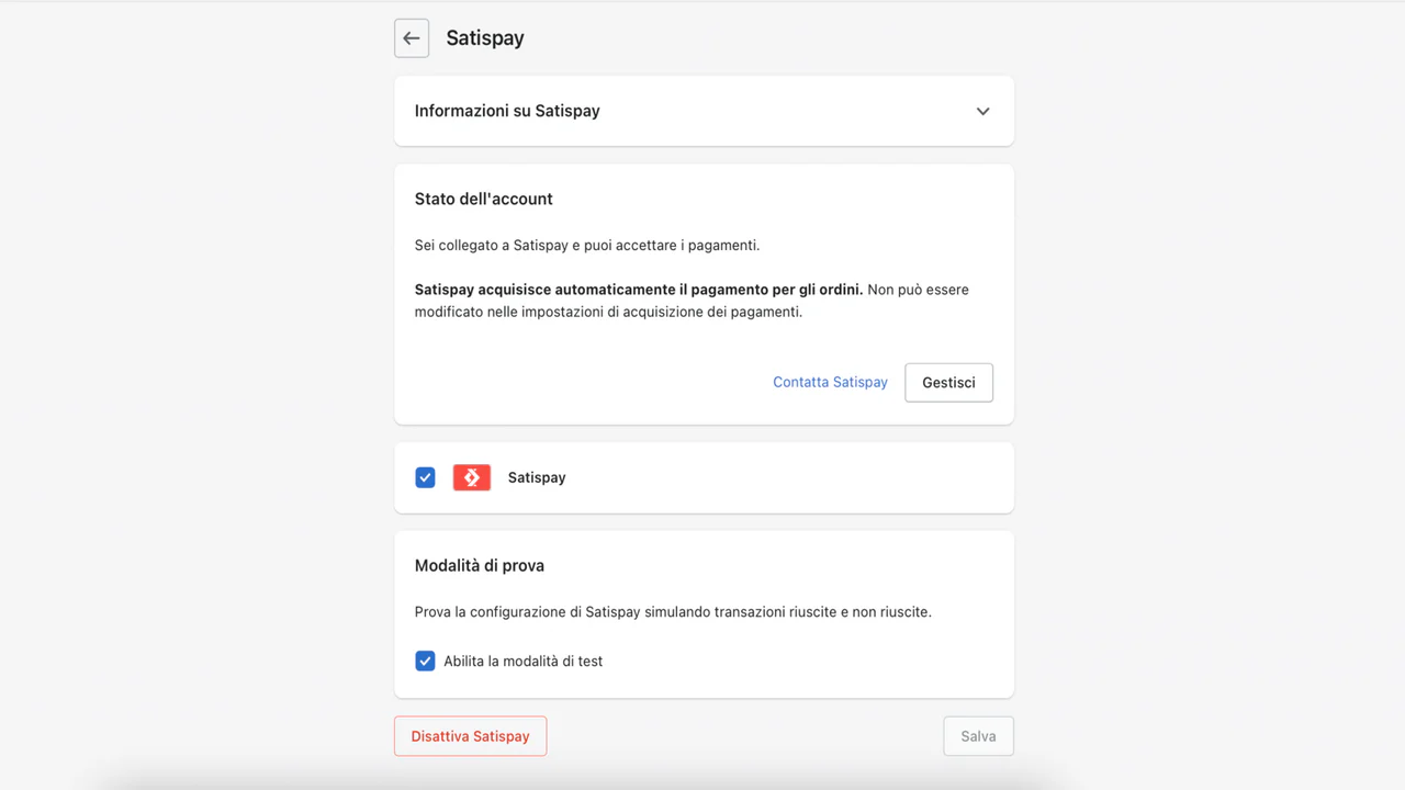 Pagina di configurazione Satispay