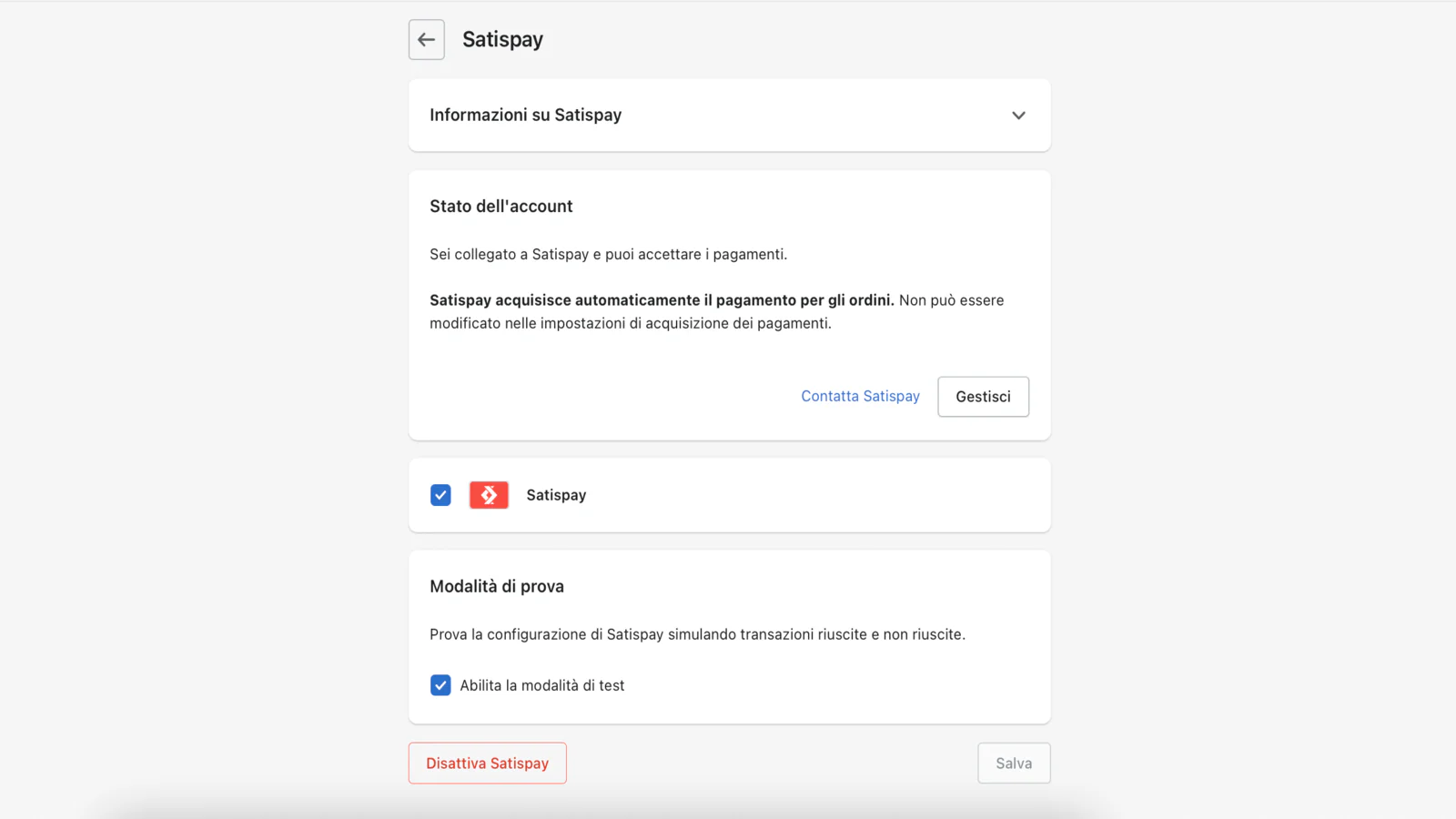 Pagina di configurazione Satispay
