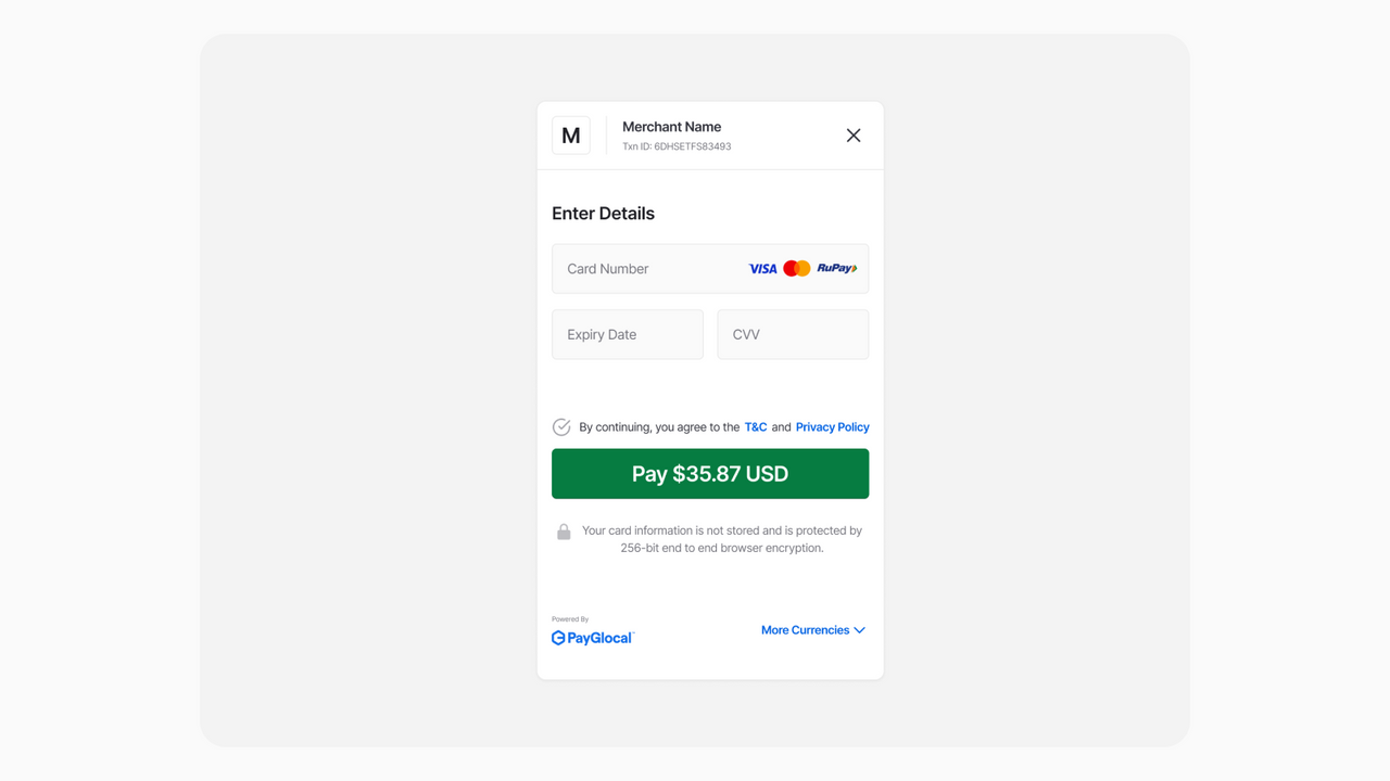 PayGlocal mobil sida för att ange kortuppgifter