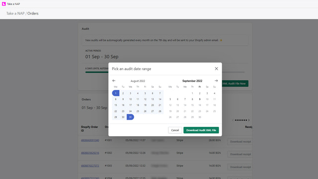 Vue principale du tableau de bord - Sélecteur de plage de dates d'audit