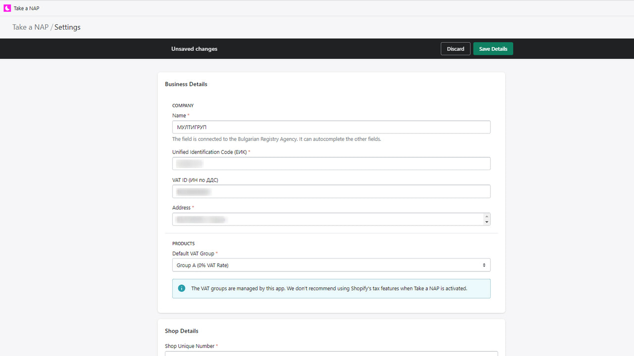 Vista de Configuración - Añadiendo Detalles de Negocio, Auditoría y Grupo de IVA