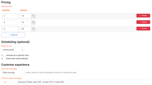 Configurar desconto por volume: preços e agendamento