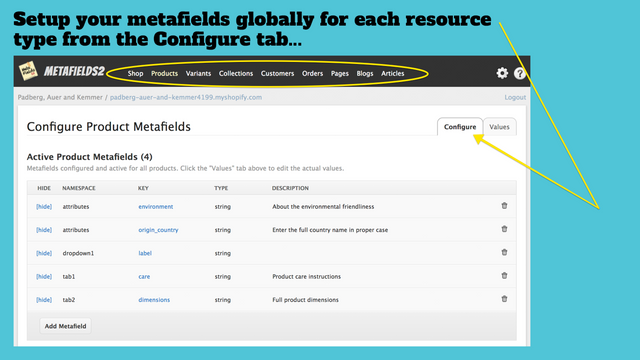 Configura metafields globales para cada tipo de recurso
