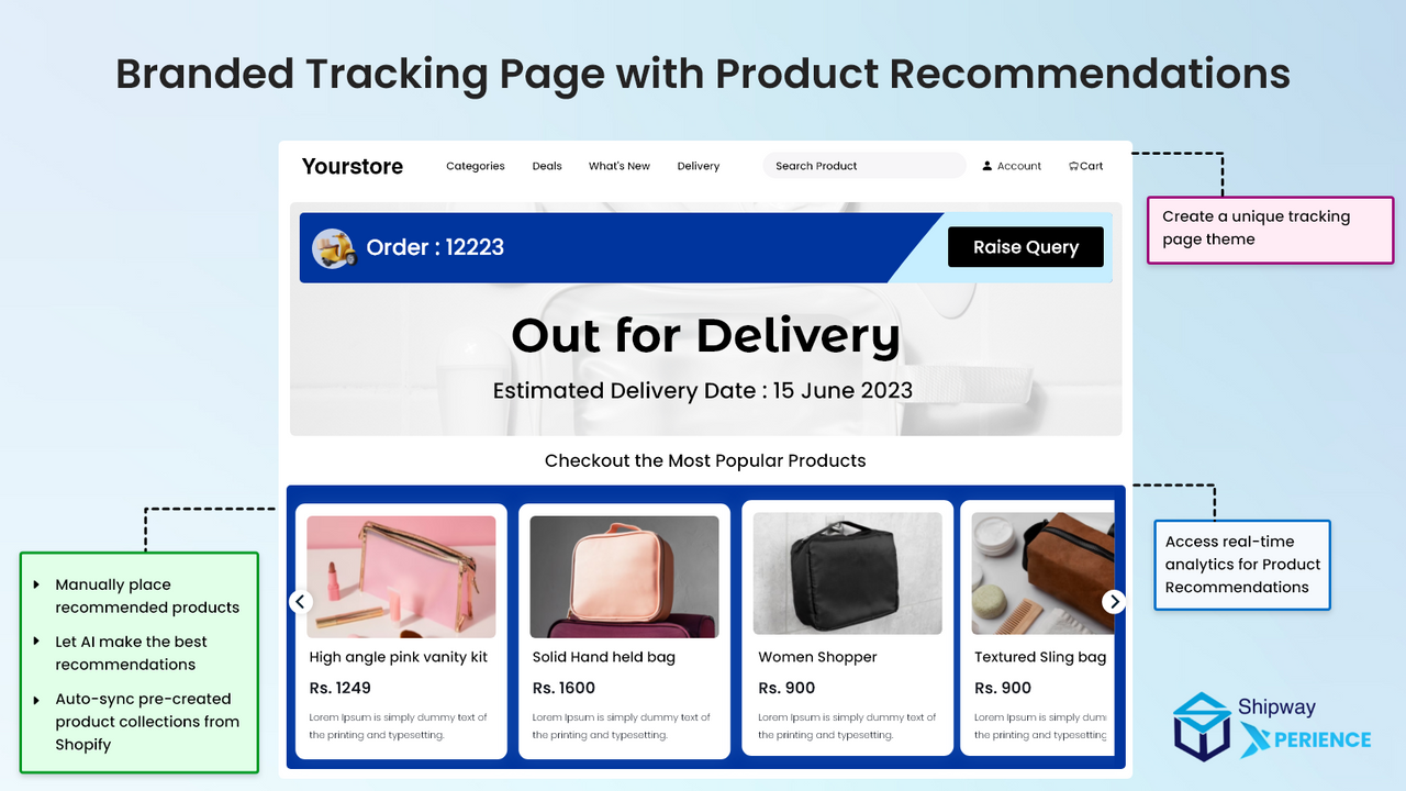 Página de seguimiento de pedidos con recomendaciones de productos para Upsell