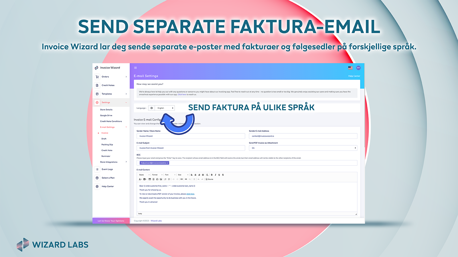 separate faktura- og leverings-e-poster på forskjellige språk