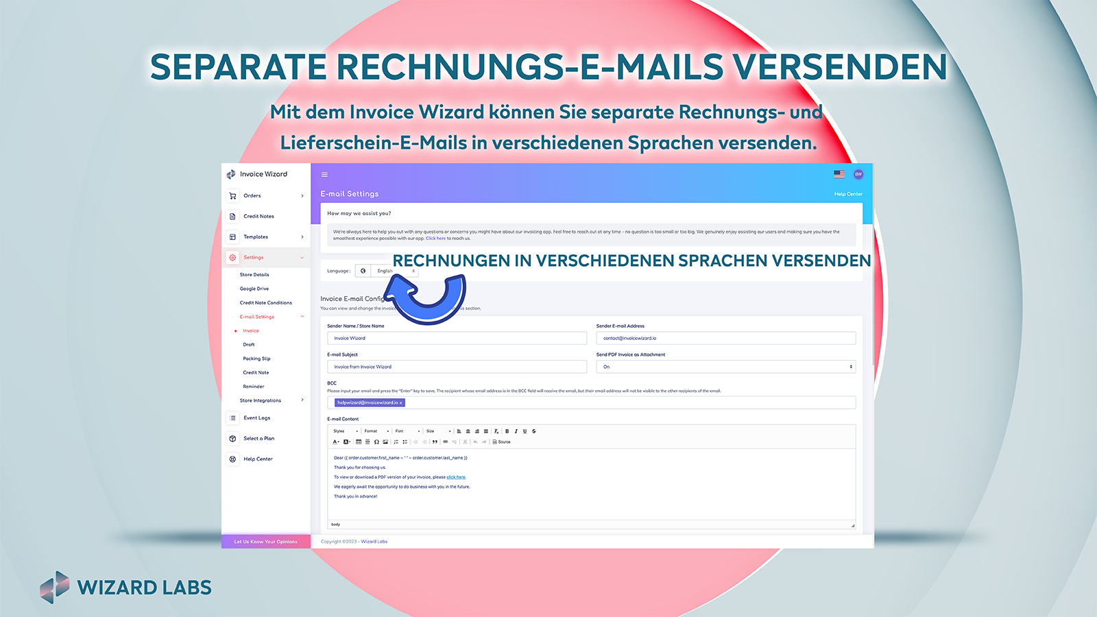 separate Rechnungs- und Liefer-E-Mails in verschiedenen Sprachen