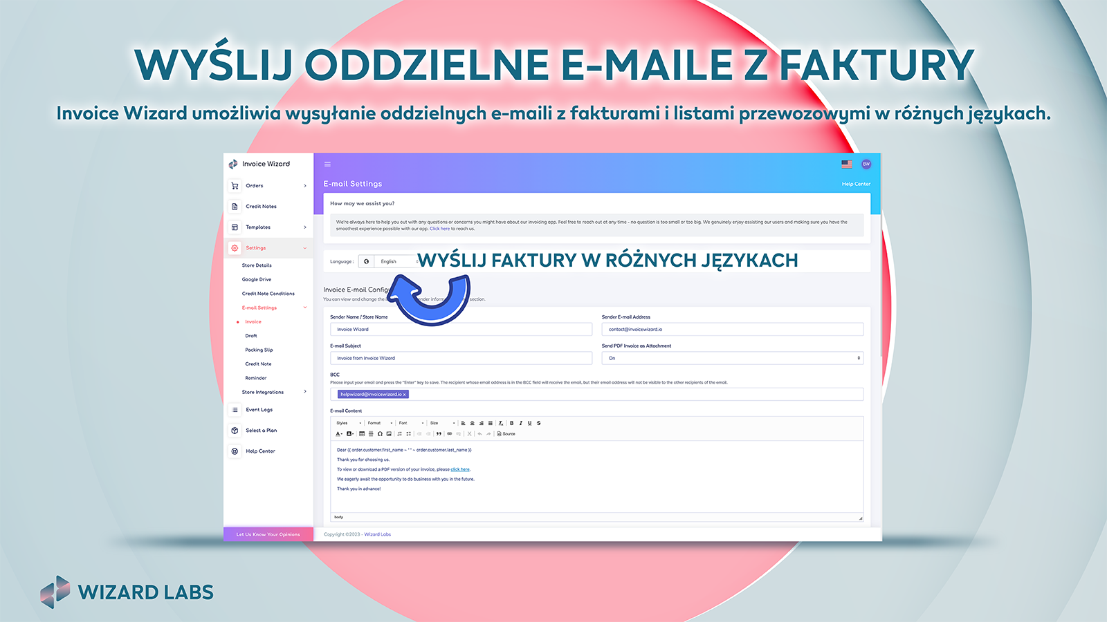 oddzielne e-maile z fakturami i dostawami w różnych językach