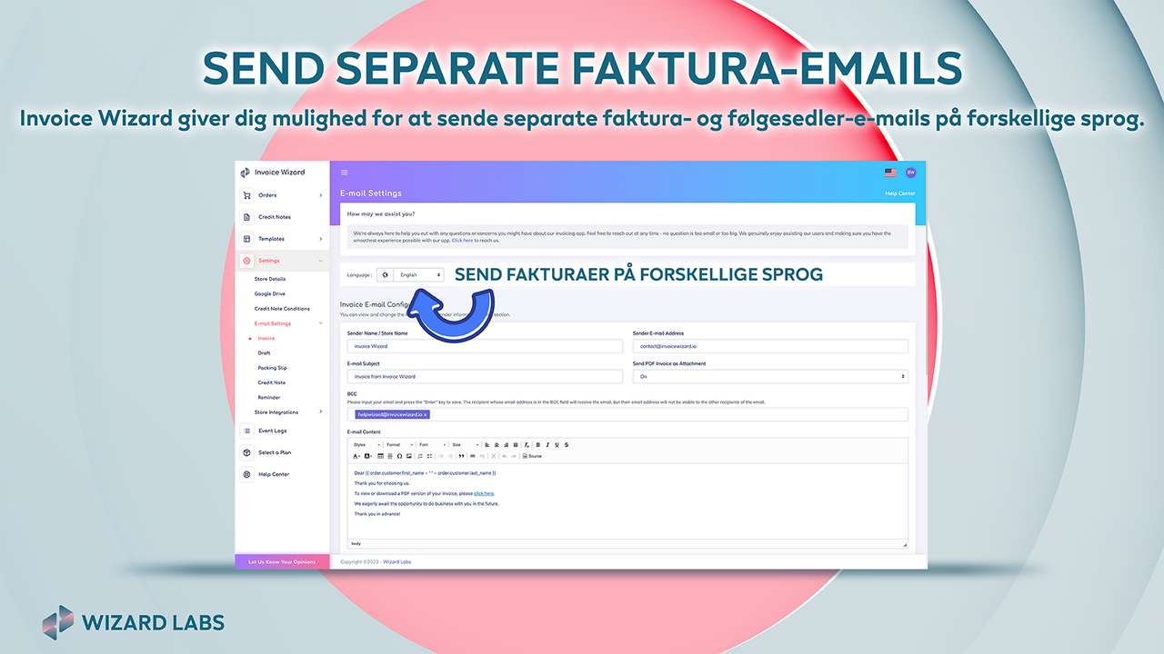 separate faktura- og leveringsmails på forskellige sprog