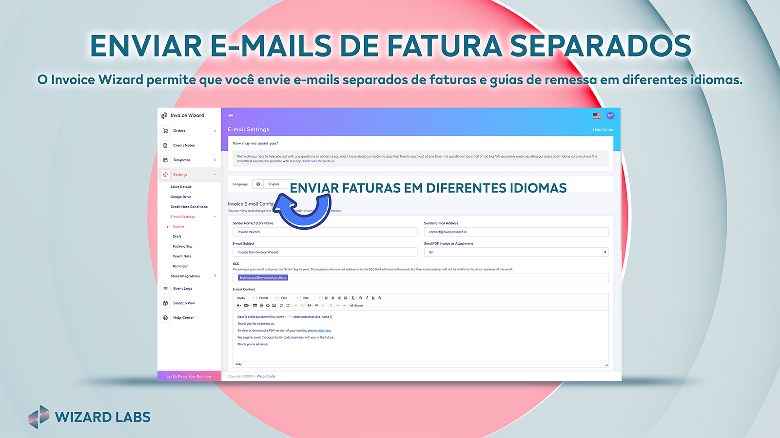e-mails separados de fatura e entrega em diferentes idiomas
