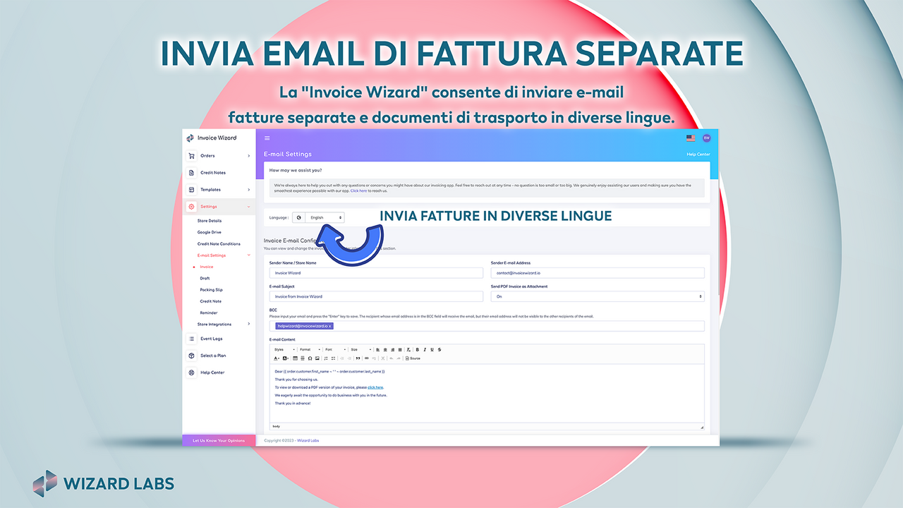 fatture separate ed e-mail di consegna in diverse lingue