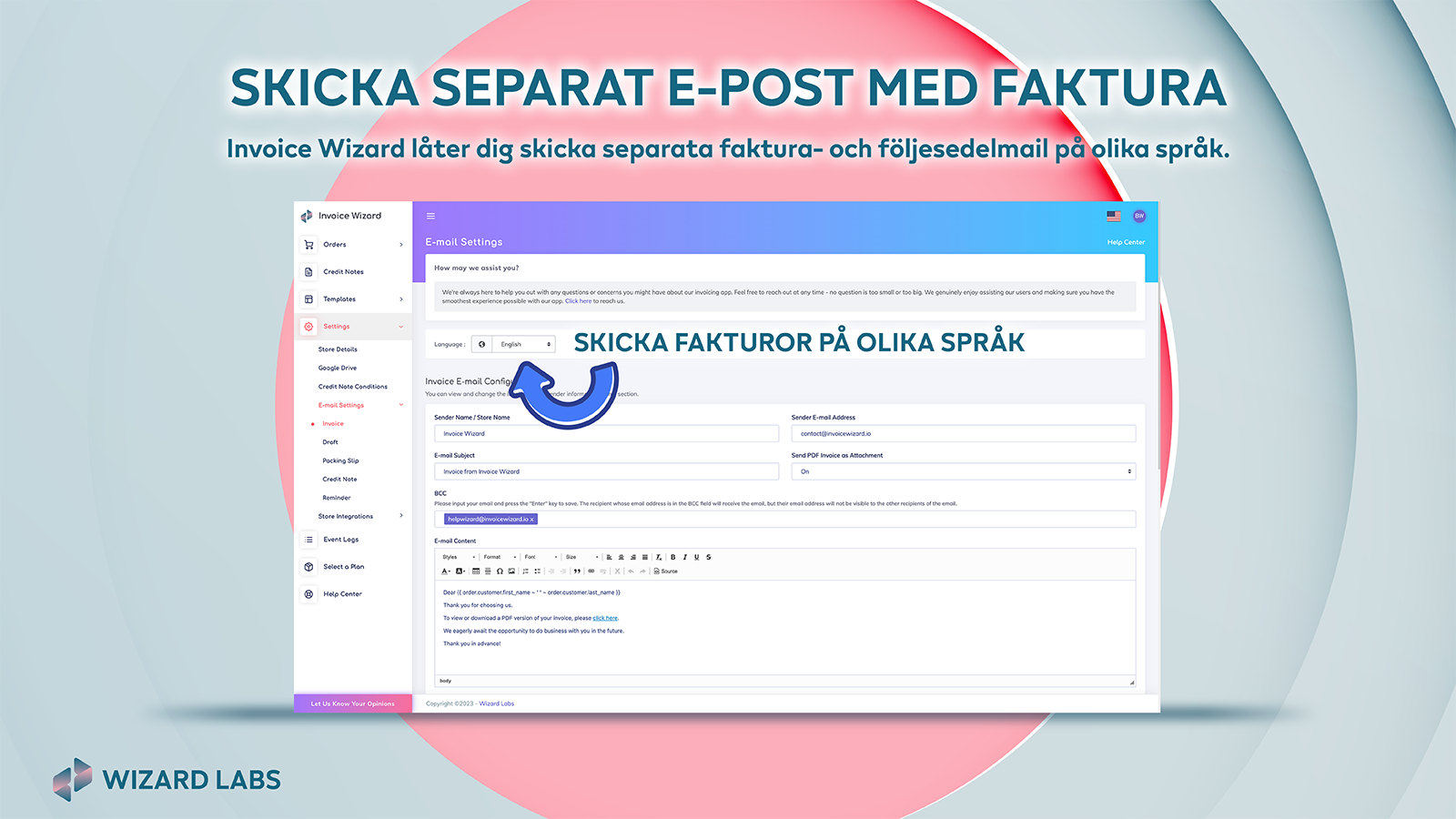 separata faktura- och leveransmail på olika språk