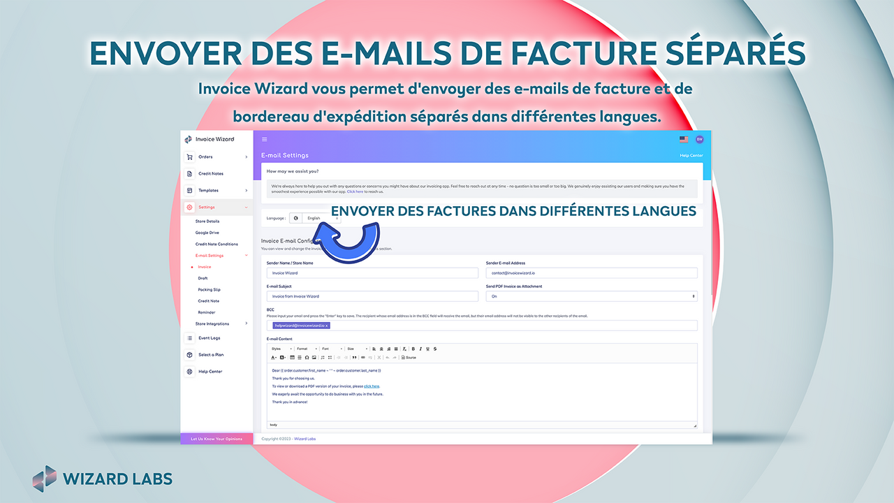 e-mails de facture et de livraison séparés différentes lang