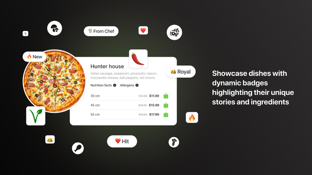 Präsentieren Sie Gerichte mit dynamischen Abzeichen, die ihre einzigartigen Eigenschaften hervorheben