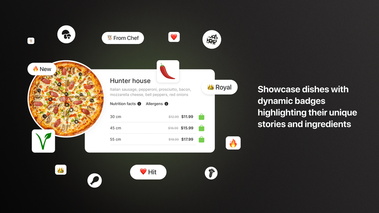 Showcase dishes with dynamic badges highlighting their unique st