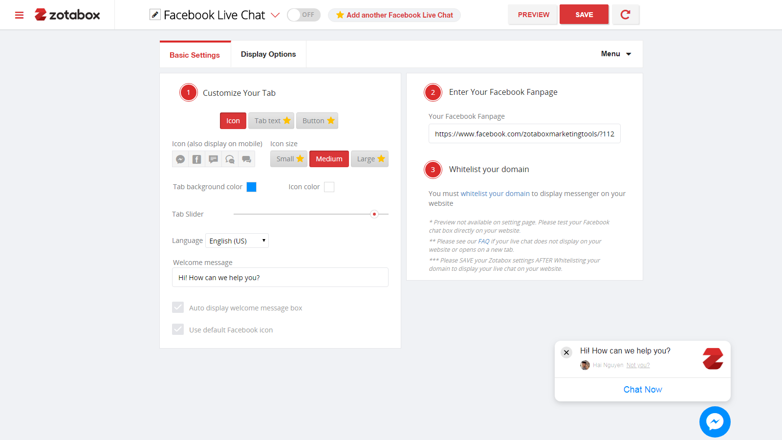 Configuraciones de Facebook Live Chat