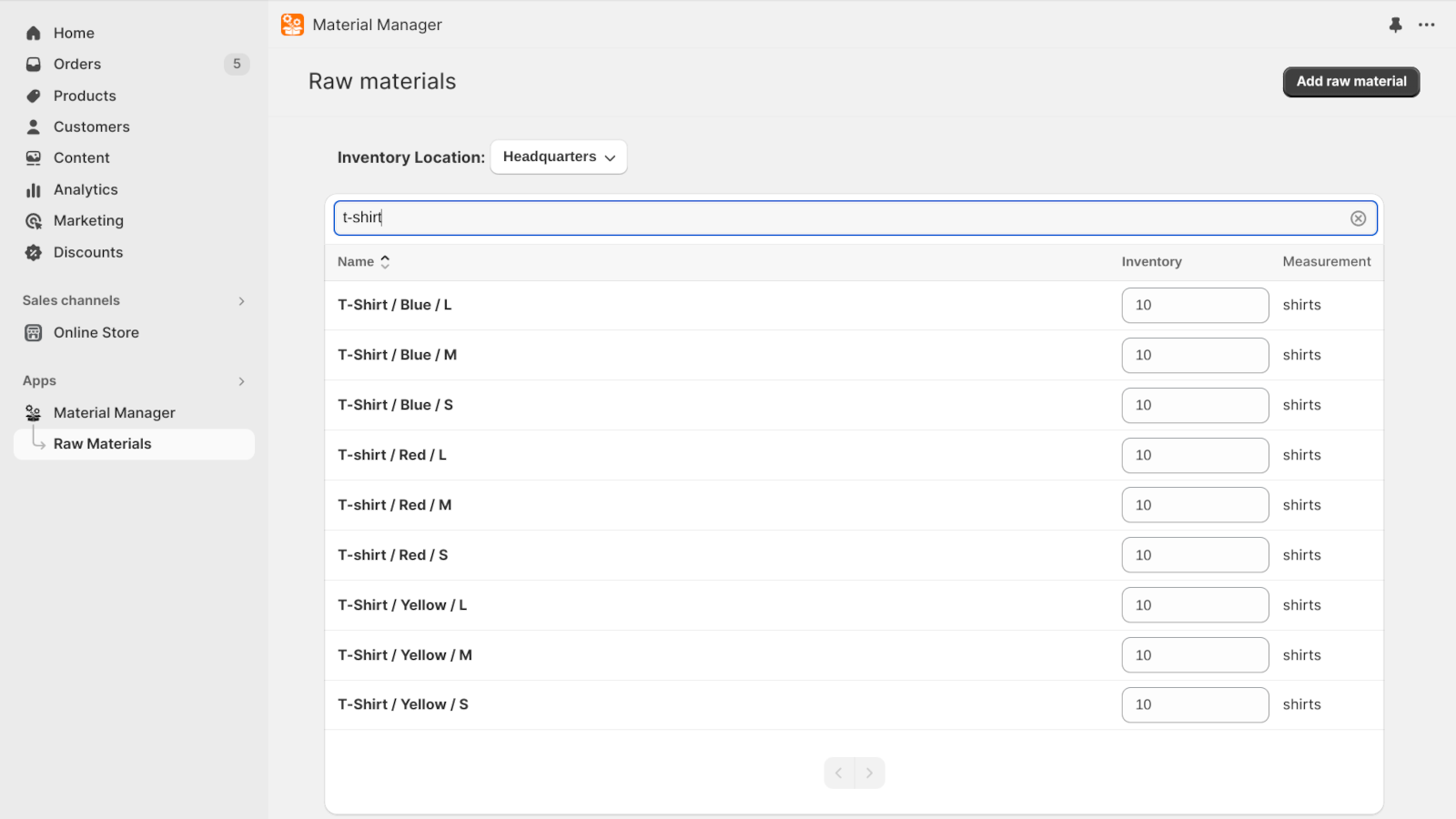 Raw materials listing with search