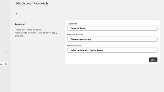 écran de paramétrage des étiquettes de réduction client dans l'administration Shopify
