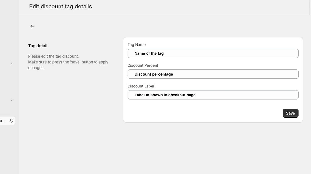 écran de paramétrage des étiquettes de réduction client dans l'administration Shopify