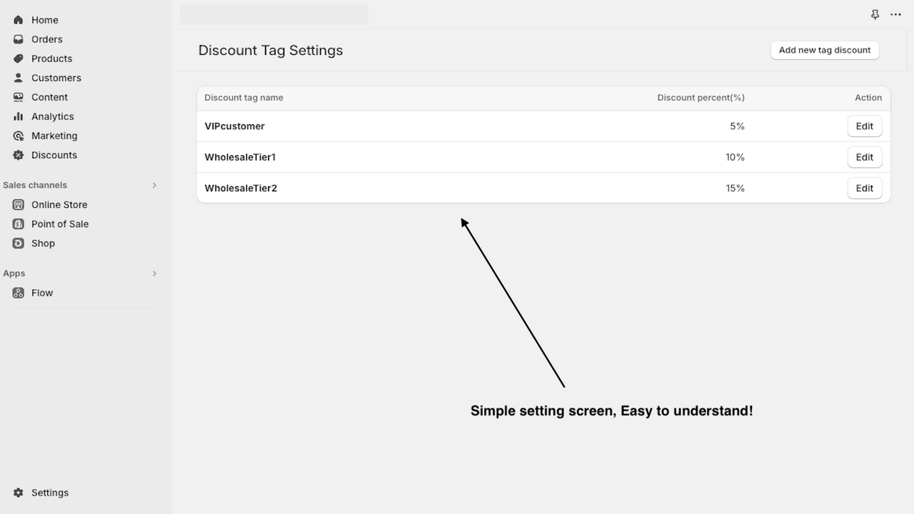 Customer tag discount setting easy admin screen