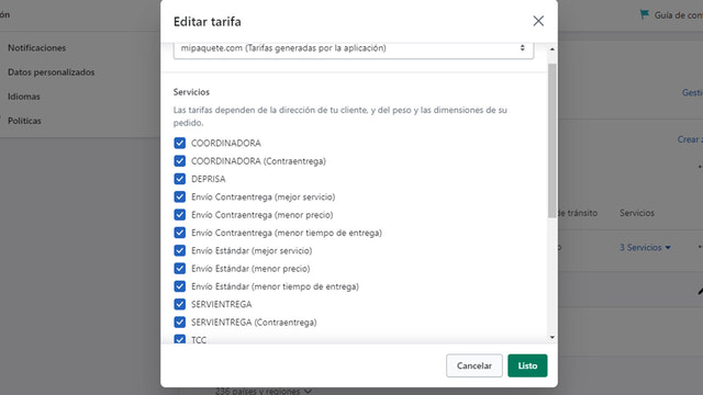 Elige la transportadora. Puedes configurar Pago Contra entrega.