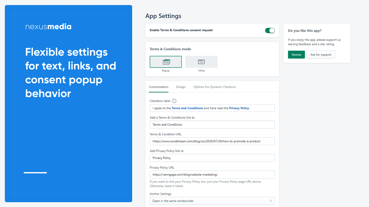 Flexible settings for text, links, and consent popup behavior