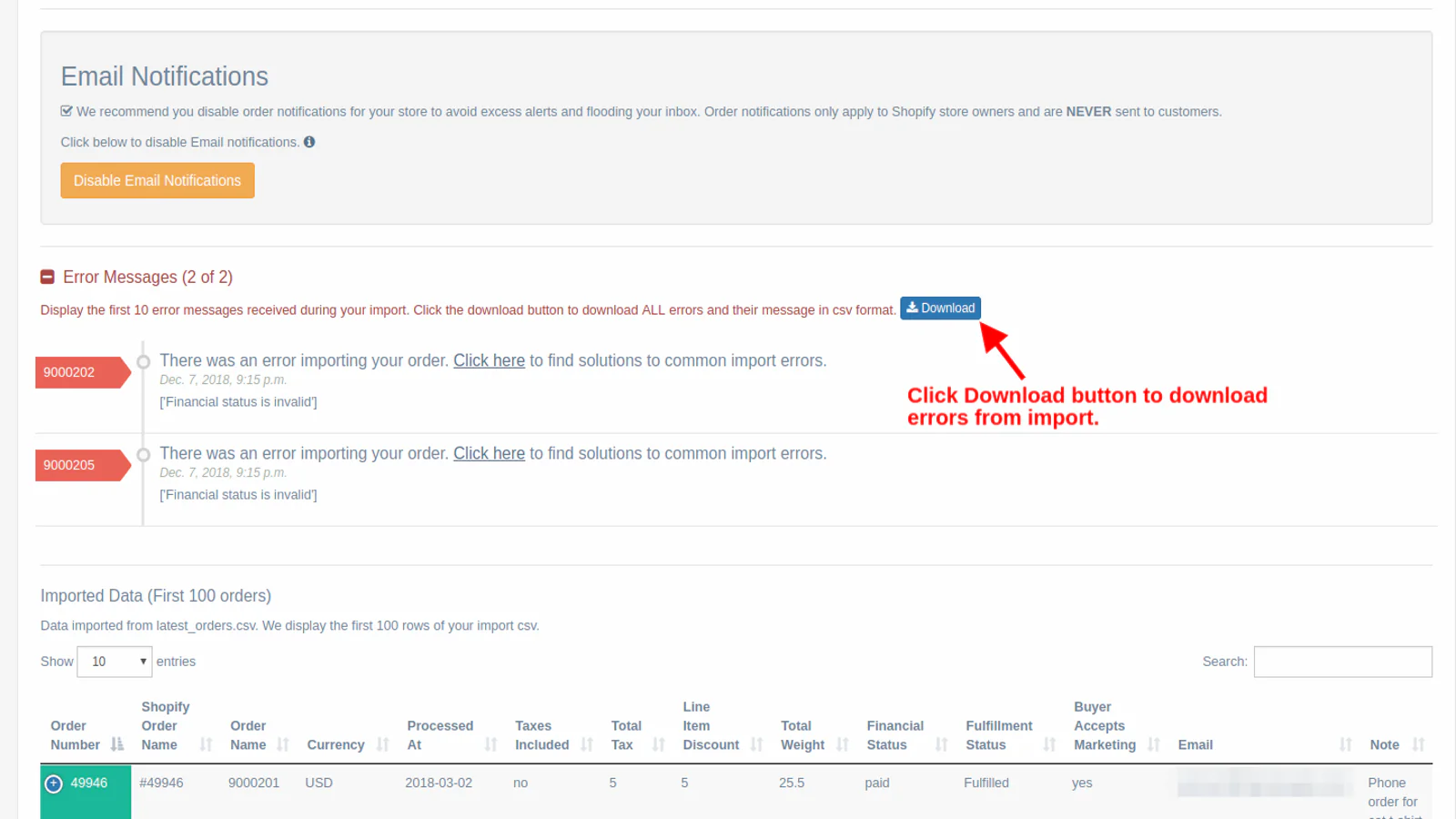 Laden Sie Fehler in CSV für den Re-Import herunter