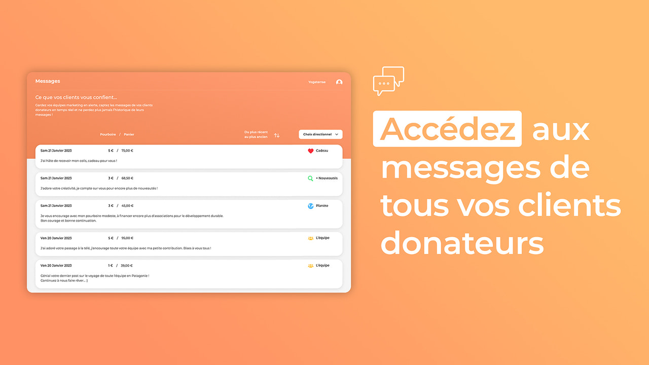 Accédez aux messages de tous vos clients donateurs