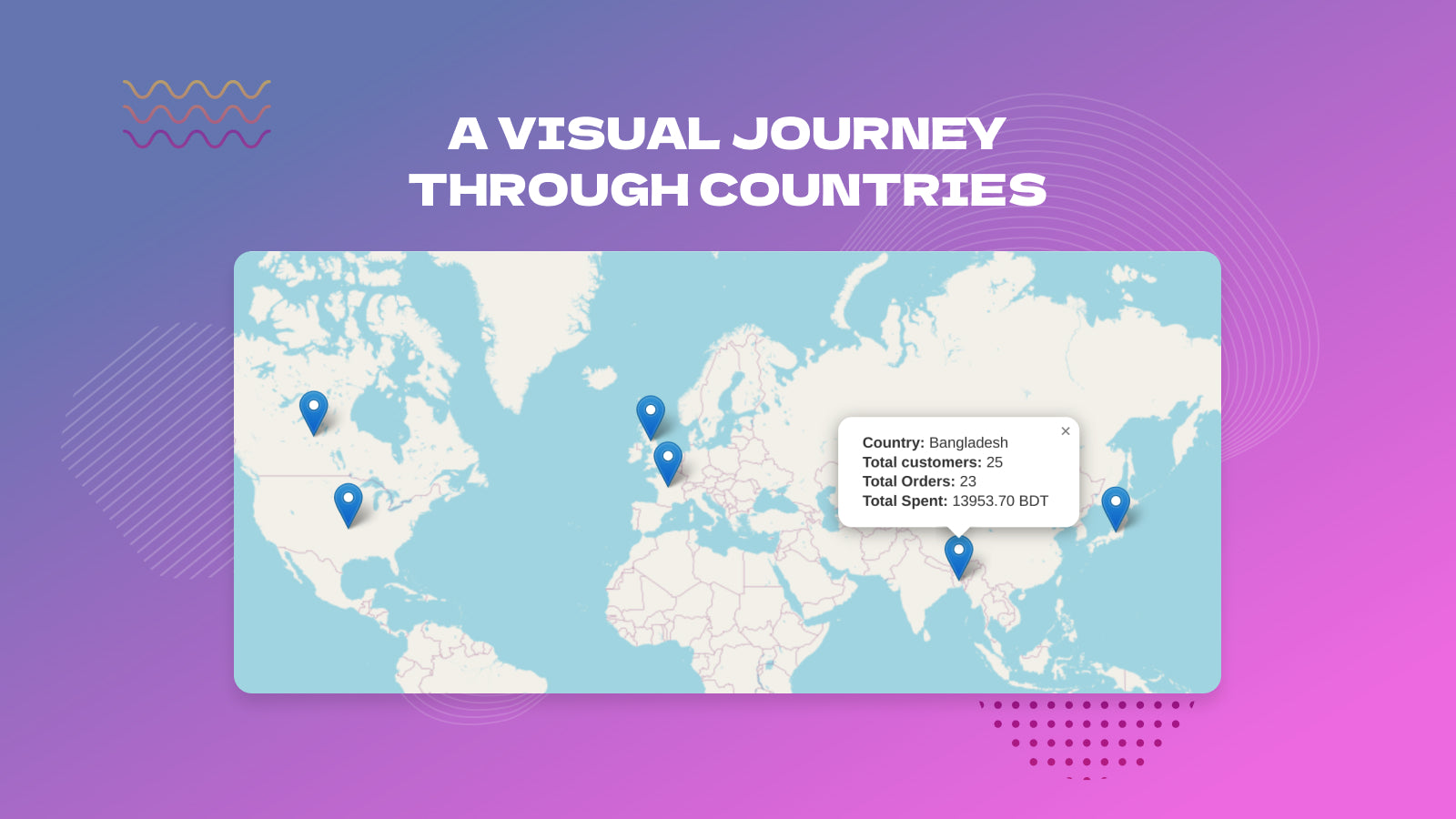 Visualização de mapa de clientes em diferentes países.