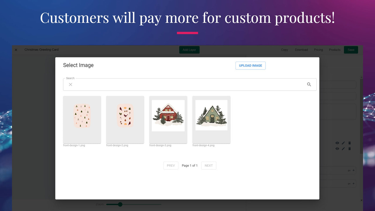 Permite a los clientes cargar imágenes personalizadas, seleccionar de la galería de imágenes