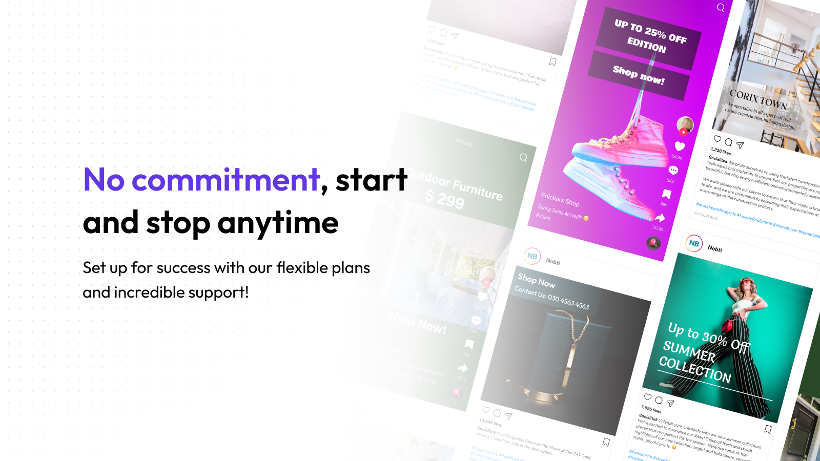 No commitment on social media growth, grow social effortlessly