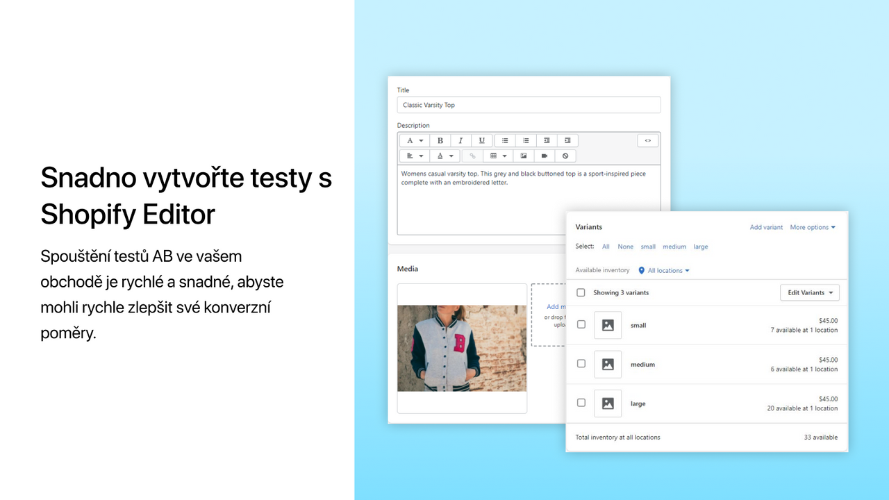 Vytvořte testy prostřednictvím Shopify editoru