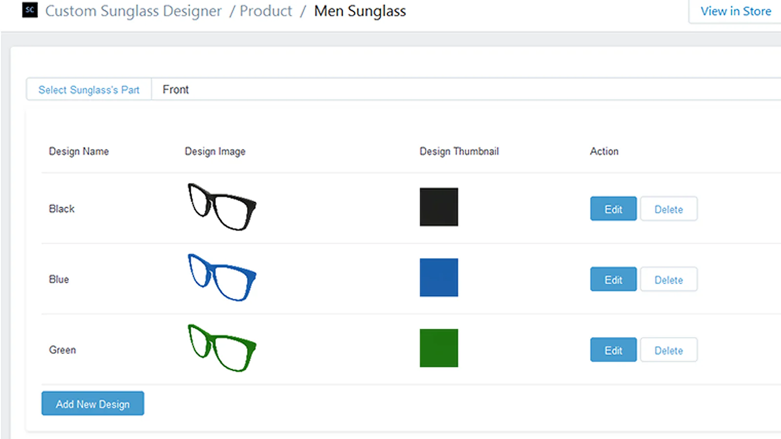 Liste over stilarter for en del af en solbrille