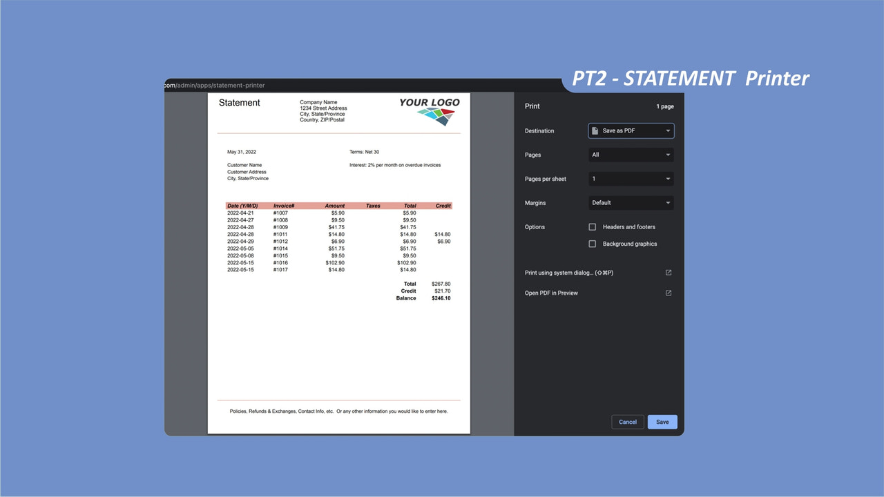 PT2 Statement Printer App - capture d'écran d'impression de relevé