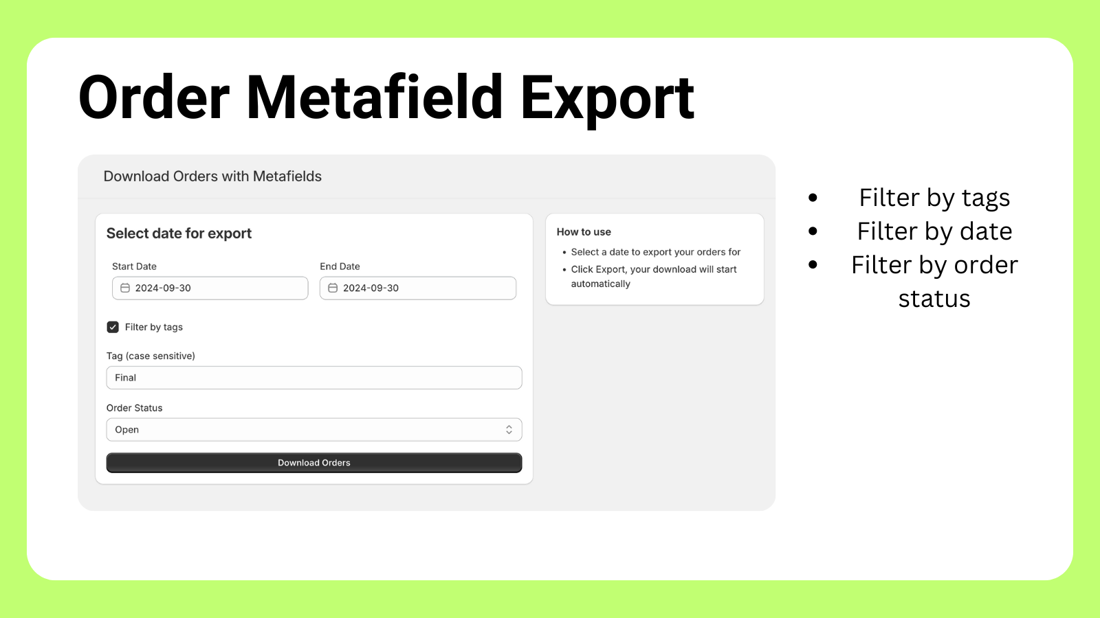 TinyApp Order Metafield Export Screenshot