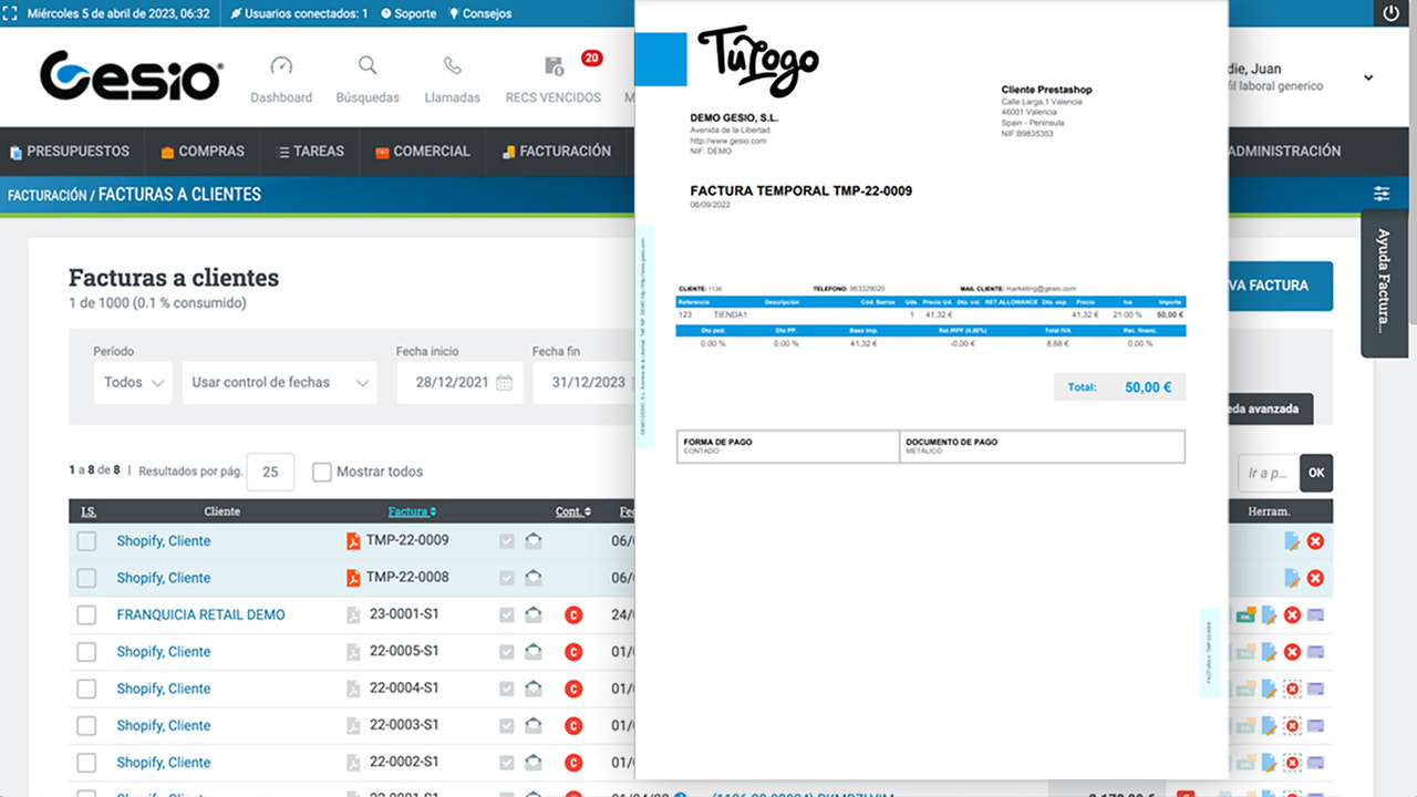 Gesio. Plantillas de facturas.