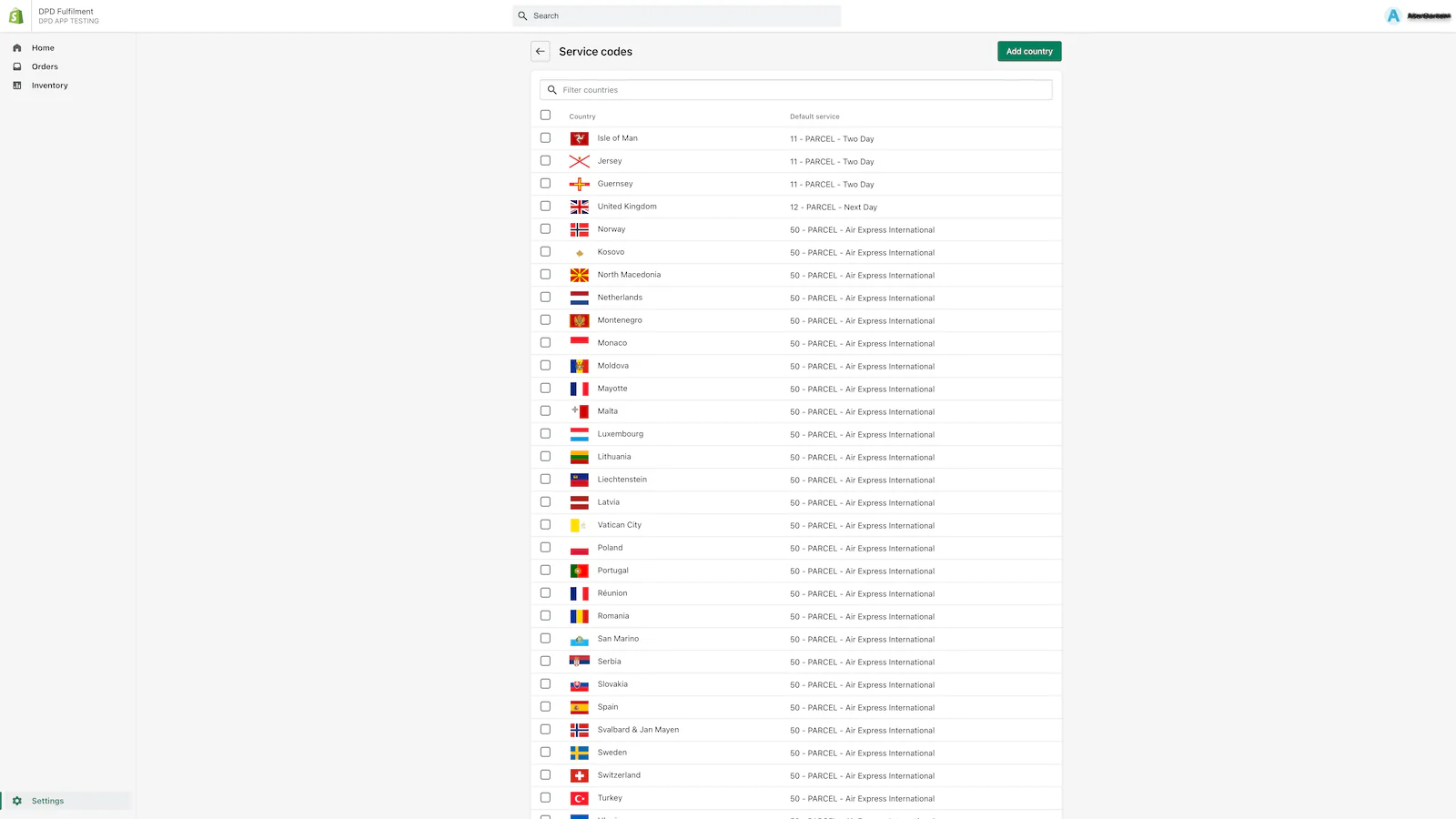 Selecionar países de envio