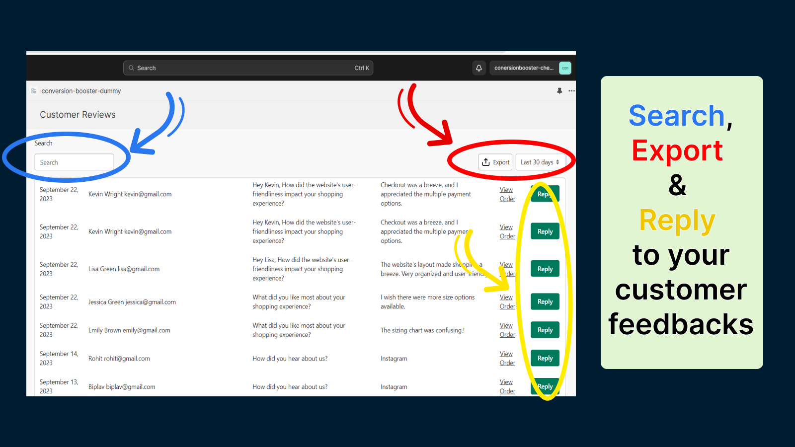 Reply, Search and export customer's data