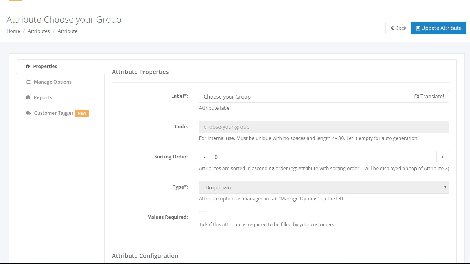 Customer attribute properties