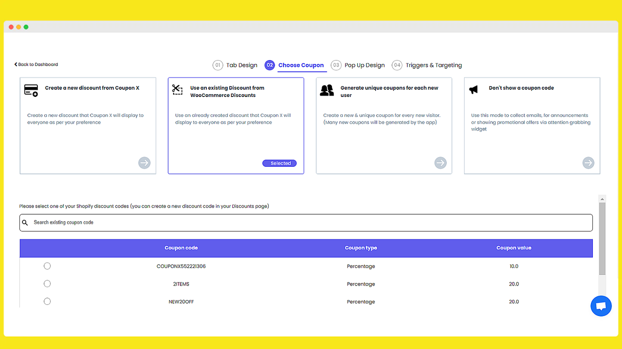 Configure seu código de cupom, pode ser um desconto único ou existente