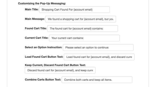 configuraciones de popup de conflicto de carrito