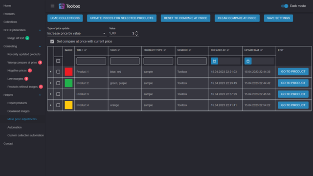 Screenshot showing mass price adjustment options