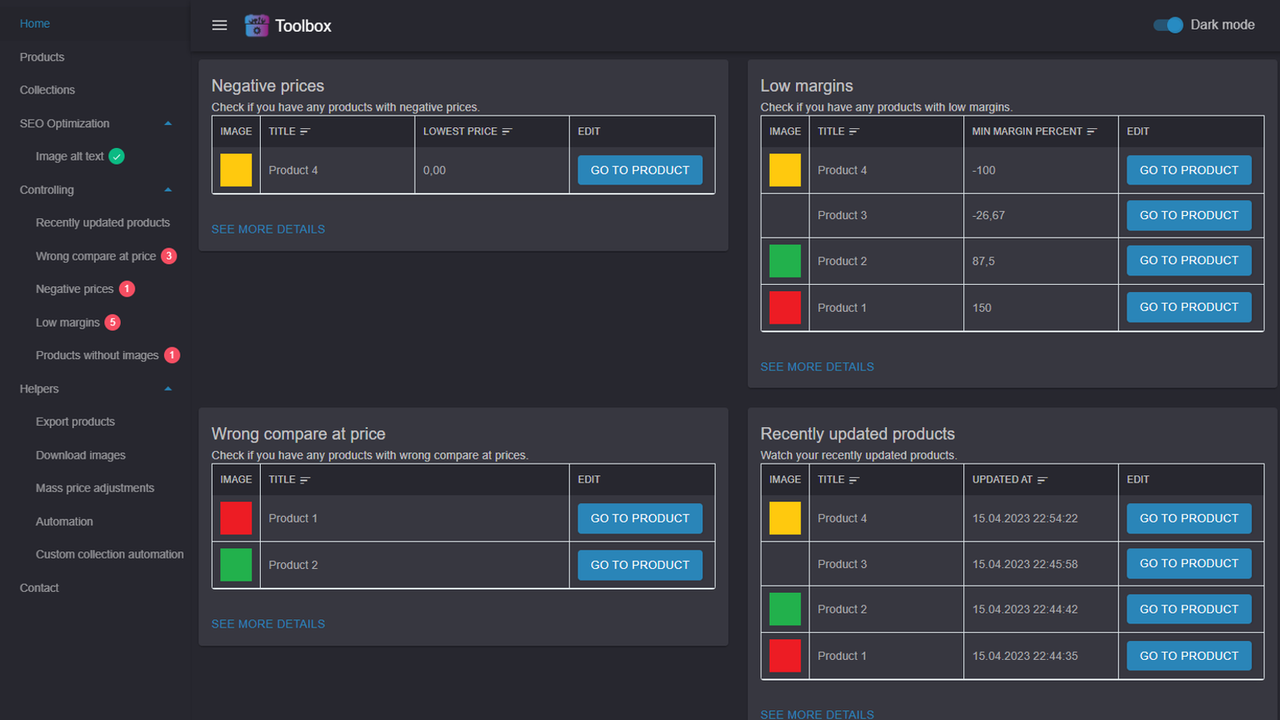 Screenshot die het dashboardoverzicht toont