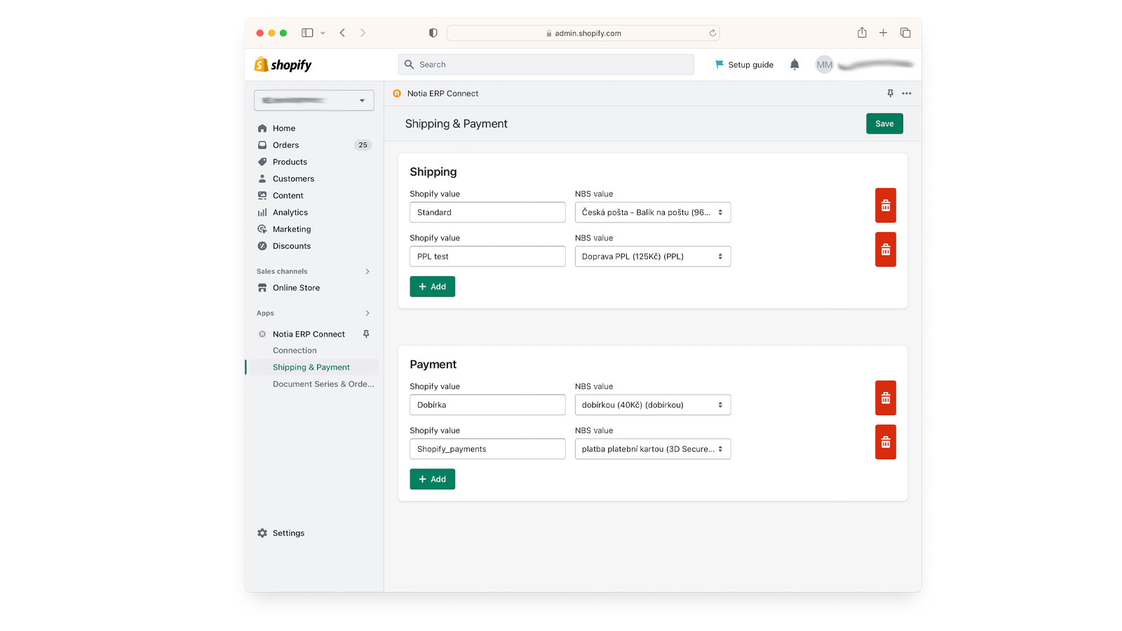 Shipping and payment methods settings