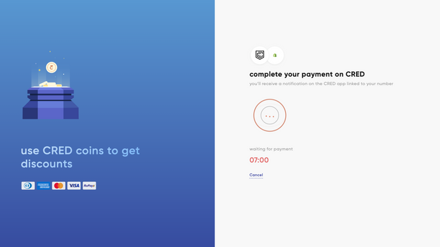 Waiting page for users as they complete checkout on CRED app