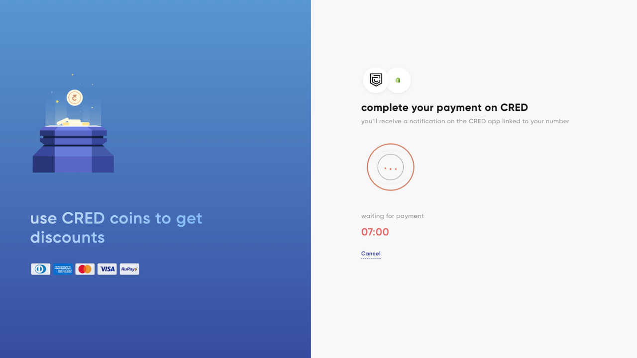 Waiting page for users as they complete checkout on CRED app