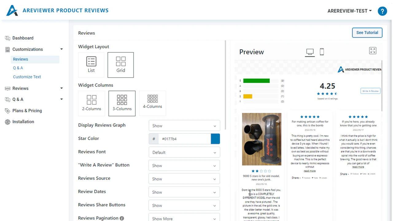 Areviewer Product Reviews - Personnalisations des avis