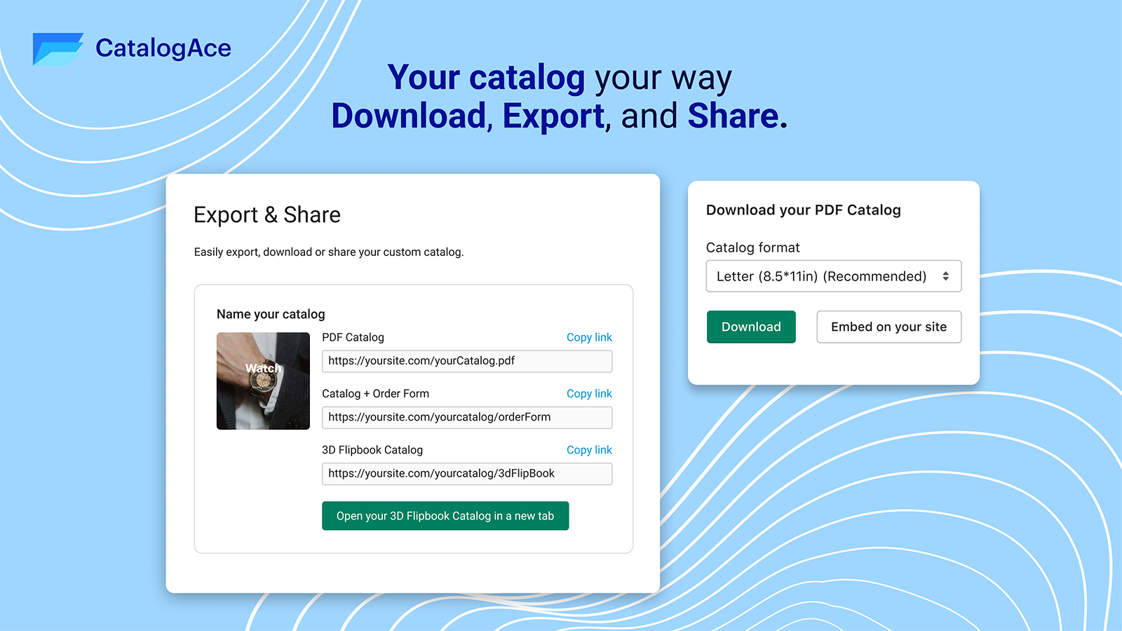 Del, download og eksporter kataloger til leverandører eller kunder