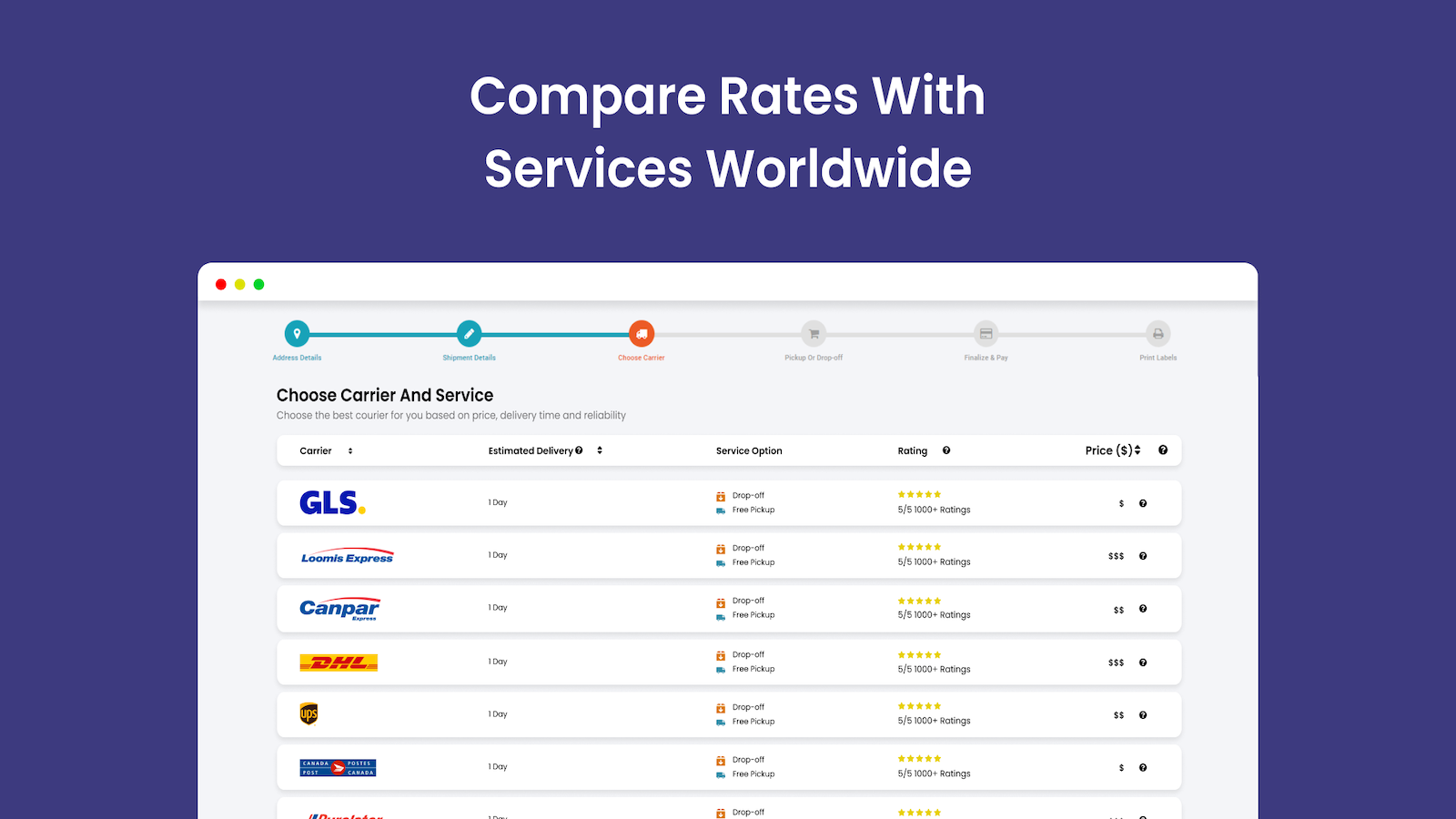 compare tarifas com todos os serviços de courier no mundo todo