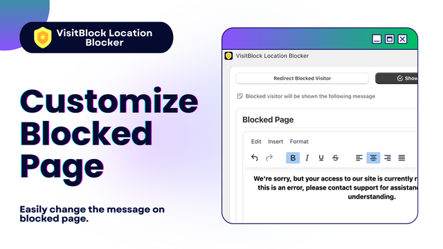 Paramètres de page restreinte simples pour VisitBlock Location Blocker